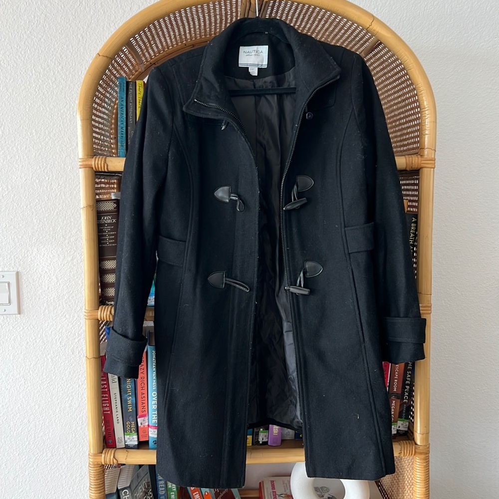 Nautica Toggle Buttons Black Wool Blend Hooded Parka Coat Size M